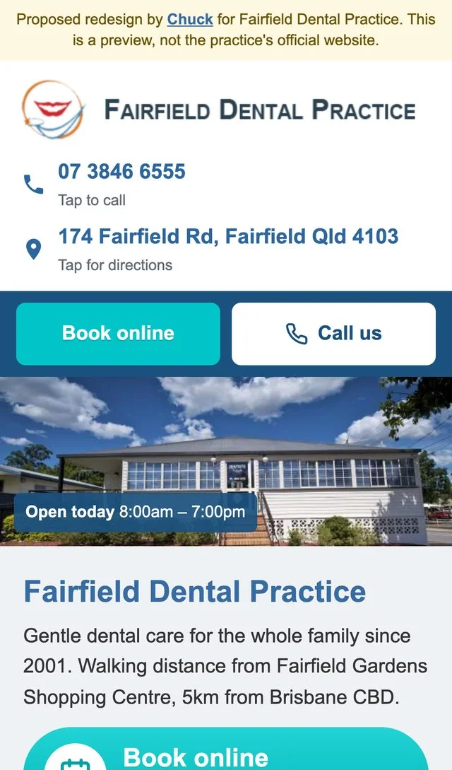 Proposed homepage: tap-to-call details and prominent Book online and Call us buttons.