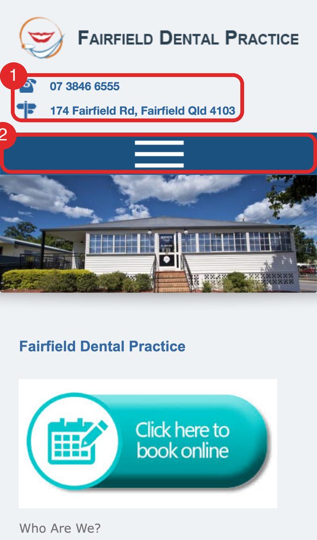 Screenshot of a client's current homepage with two problems circled